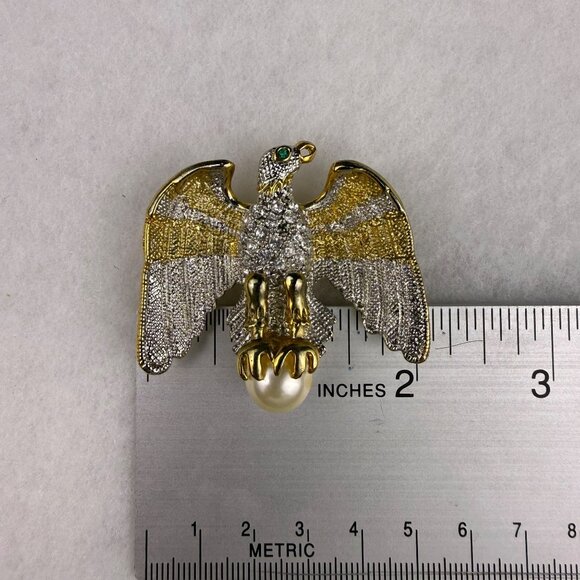 Gold & Silver Tone Crystal Bird Brooch Pin With Faux Pearl Accent Vintage - Picture 3 of 3